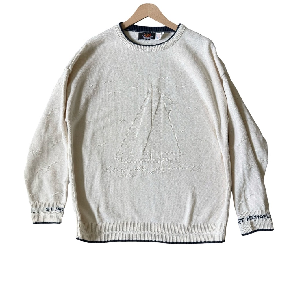 Vintage Brimwick Sailboat Cotton Knit Sweater Cream Navy Mens Large Made in USA